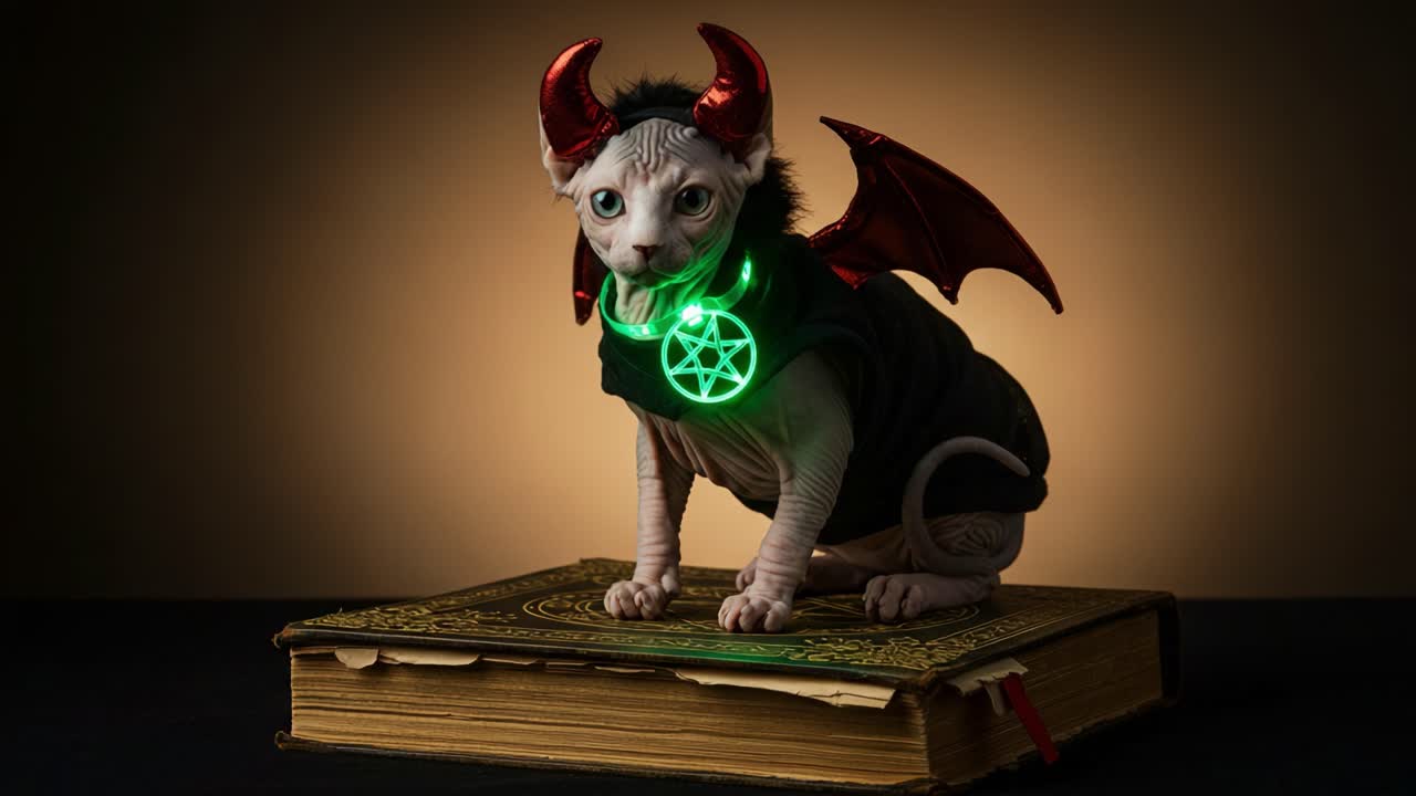 Adorable Mischief: A Playful Sphynx Cat with Devilish Horns and Wings Poses Charmingly on a Stately Book Covered in Mysterious Symbols