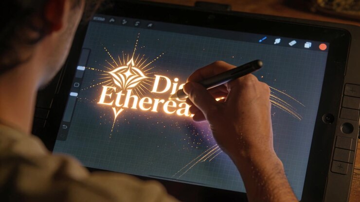Stilo che scorre e inizia un tratto luminoso, artista in maglietta che perfeziona il logo "Digital Etherealism" su tablet.