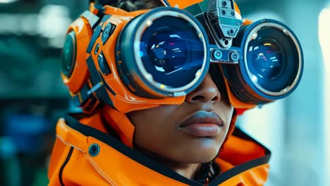 a woman wearing a pair of orange goggles