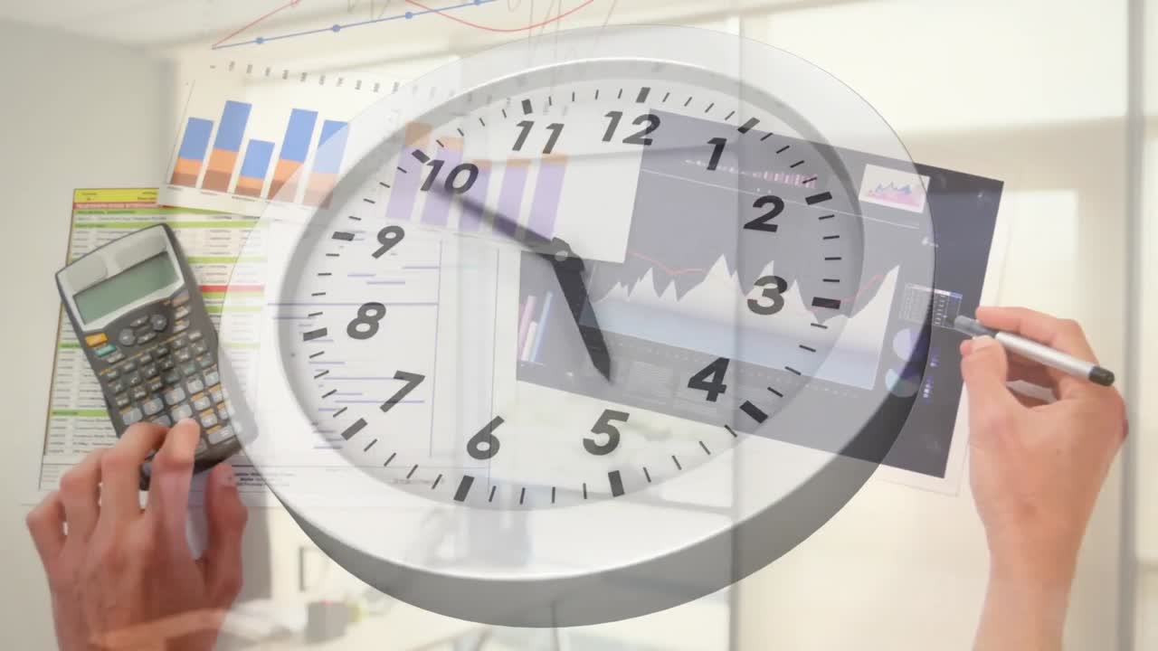 Clock ticking against overhead view of mid section of person working at office