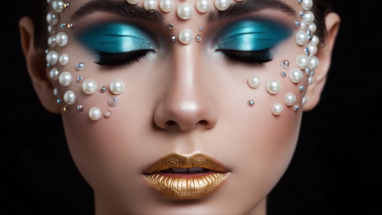 Stunning Close-Up of a Model with Intricate Pearl and Gem Makeup, Highlighting Artistic Cosmetics and Captivating Facial Expression Against a Dark Background