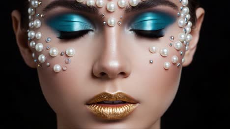 stunning close-up of a model with intricate pearl and gem makeup, highlighting artistic cosmetics and captivating facial expression against a dark background