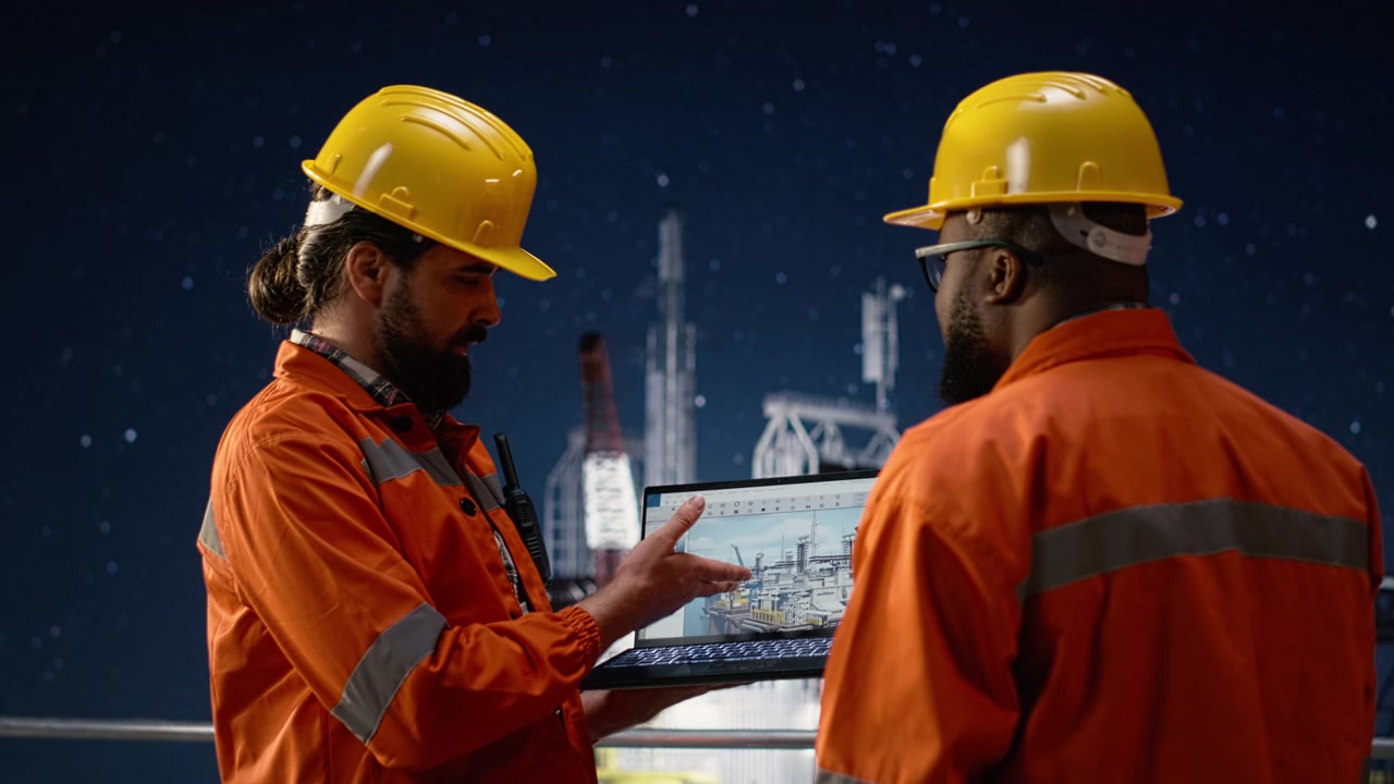 Drilling barge team using laptop to monitor malfunctions during oil crisis