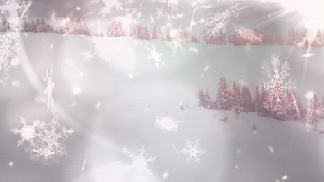 animación de nieve cayendo y luces sobre el paisaje de invierno