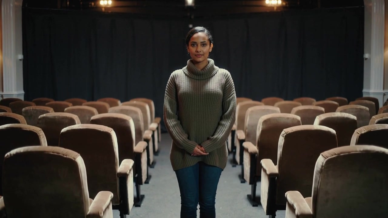 Donna che cammina in maglione e jeans lungo il corridoio centrale tra sedili imbottiti, fermandosi, di fronte alla tenda.