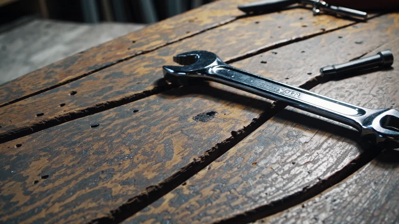 Close-up of a wrench on a rustic wooden table, captured at a low angle