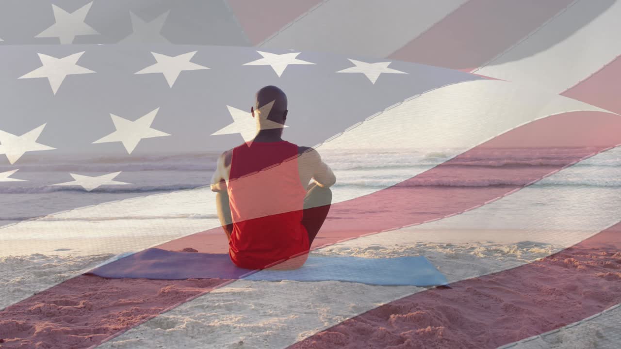 animación de la bandera de los estados unidos de américa sobre un hombre afroamericano en la playa