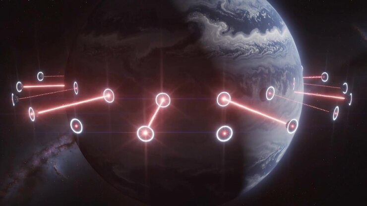 Reacting to signal, ring of nodes encircling dark planet shifting links in orbit, emitting spikes