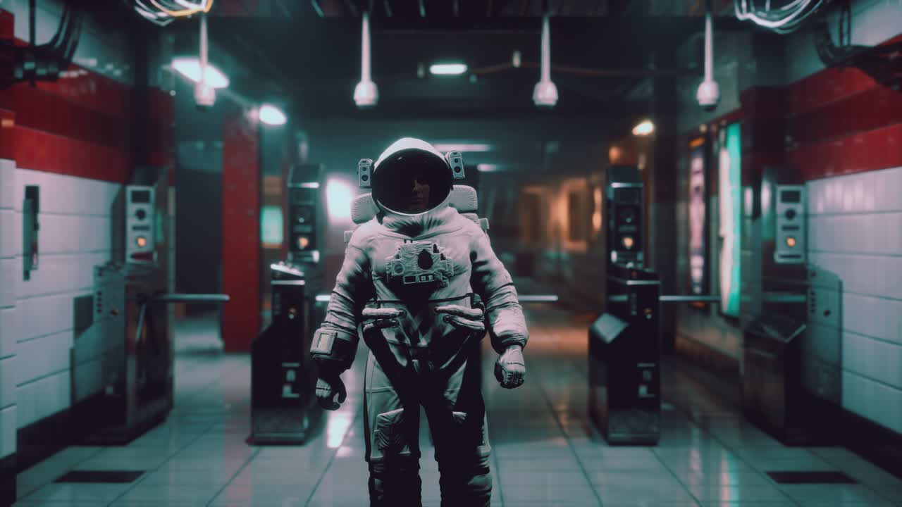 Astronaut at underground metro subway
