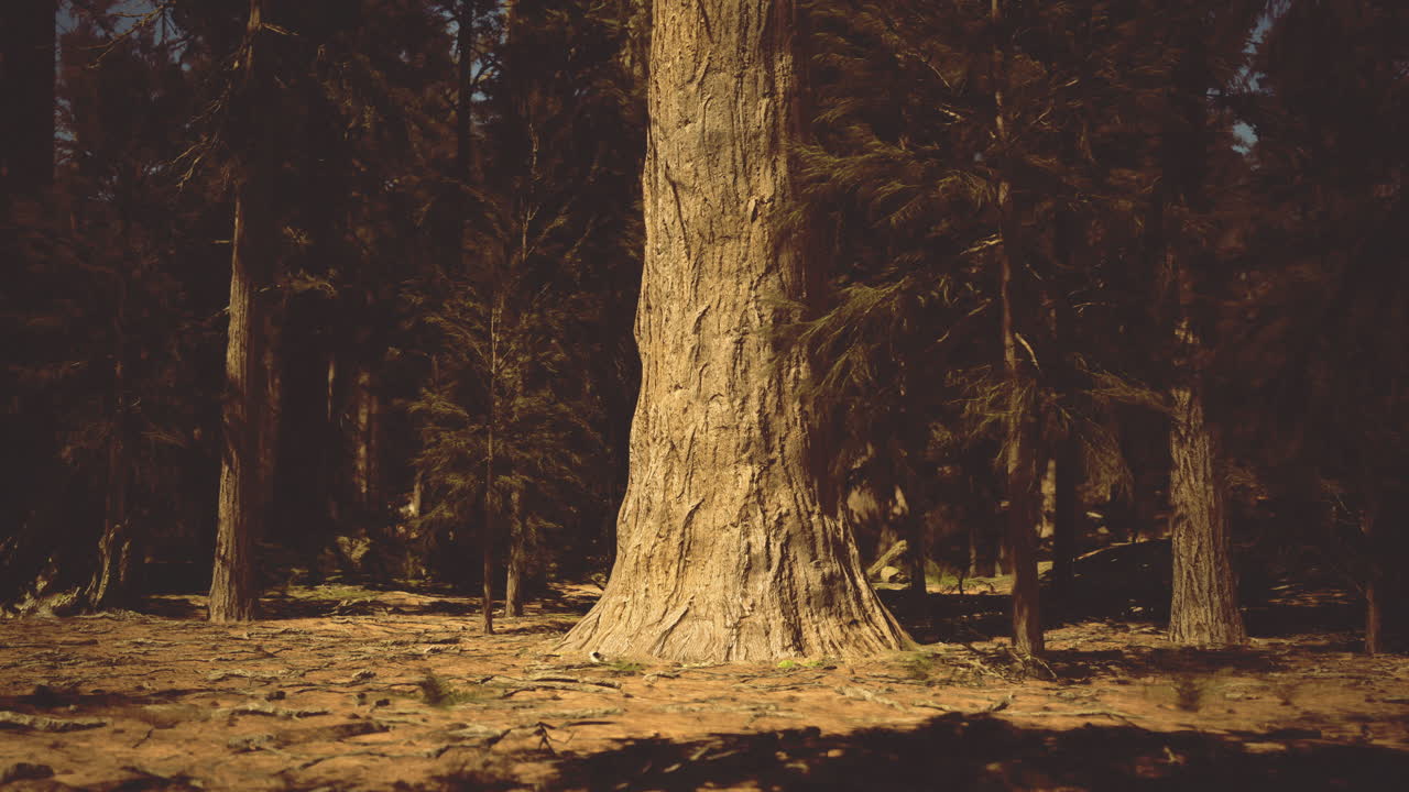 Majestic tall trees stand in a serene forest during golden hour lighting