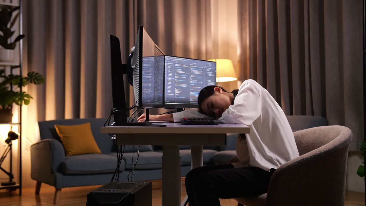 Asian Woman Programmer Sleeping While Creating Innovative Software Engineer Developing App, Program, Video Game On Desktop Computer At Home. Terminal With Coding Language