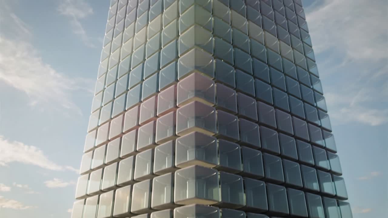 Cámara retrocediendo e inclinándose hacia arriba, revelando una torre de cristal modular sobre suelo plano con paneles redondeados.