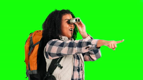 Green-screen-woman,-hiking-binocular