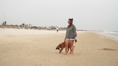 chica disfrutando de su día con un hermoso perro en la playa de arena cuando hace viento