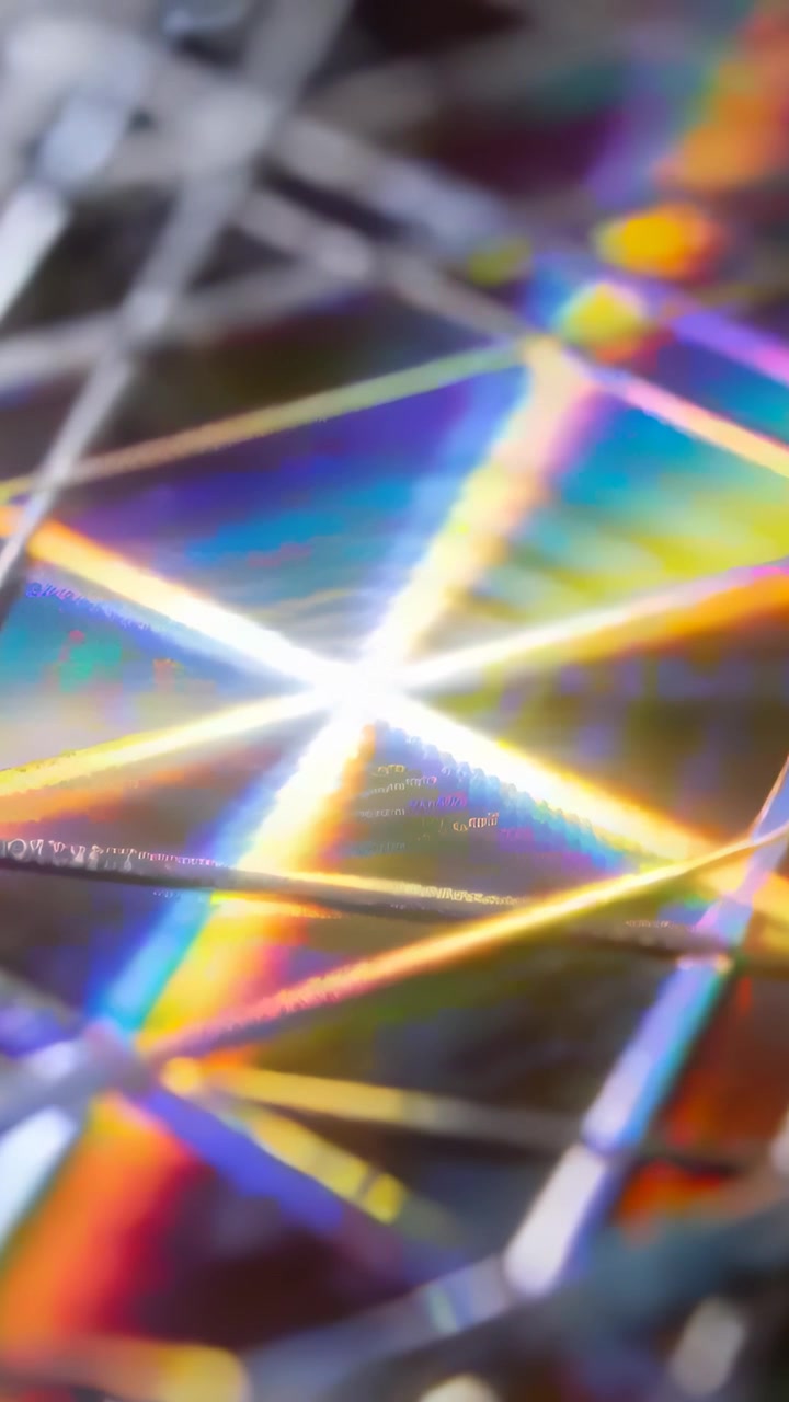 Vertical video: Shining macro grating reacting to bright dot light shifting prism bands in studio