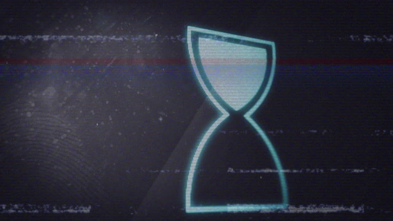 Animation of glowing hourglass with static lines on dark background