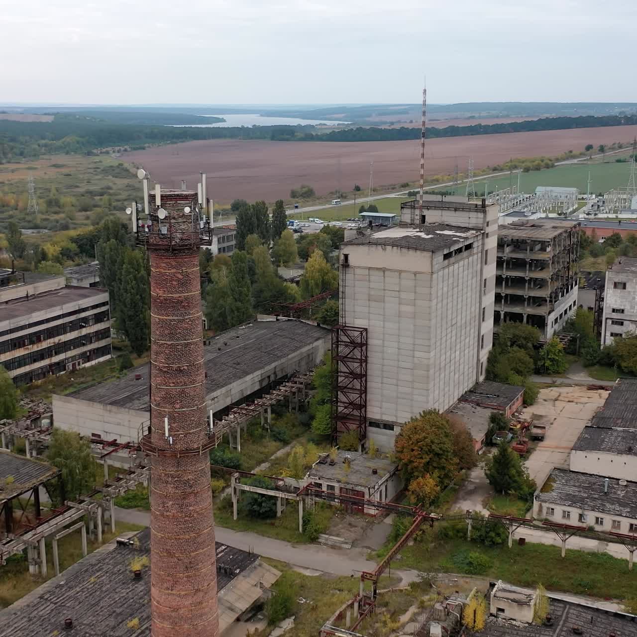 Factory abandoned destroyed territory. Old destroyed industrial building