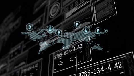 Animation-of-bitcoin-symbols-floating-over-world-map-against-interface-with-data-processing