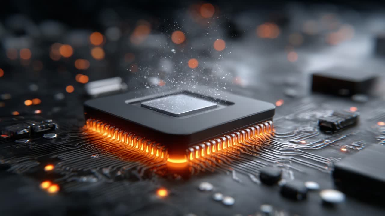 A Close-Up View of a Central Processing Unit (CPU) on a Circuit Board, Highlighting the Intricate Details and Illuminated Edges of the Microchip in a High-Tech Environment