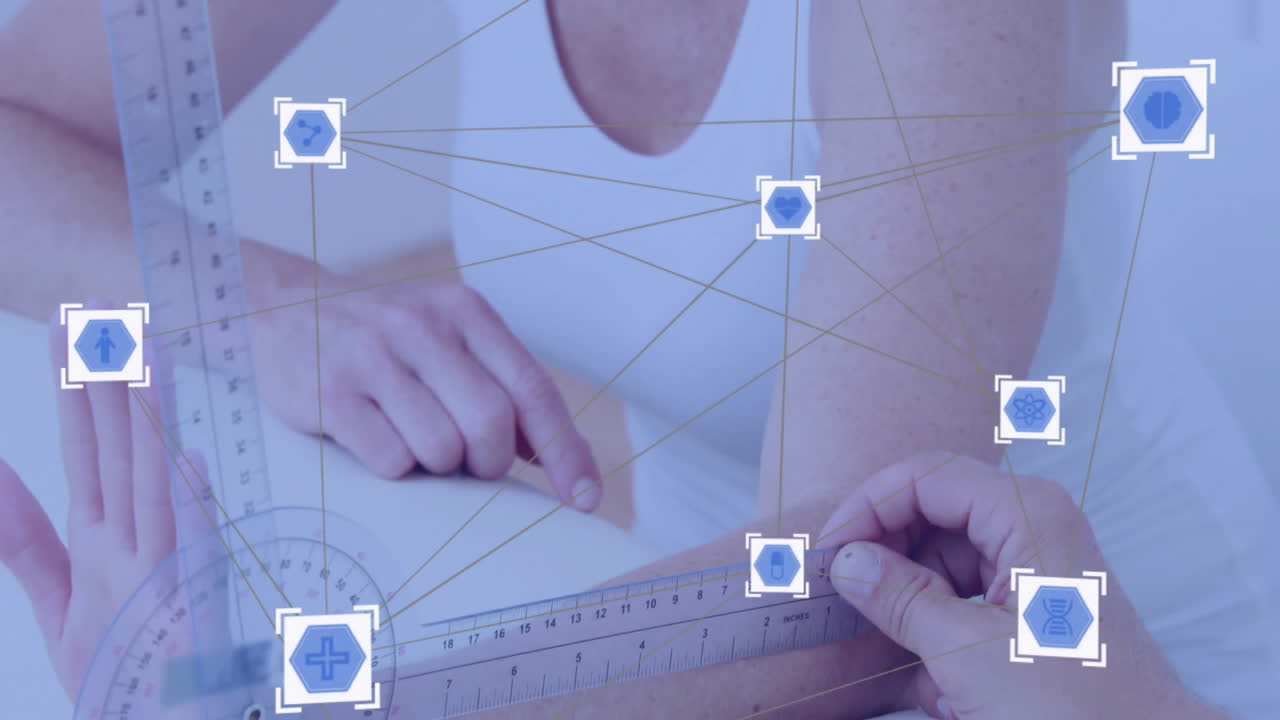 red de iconos y conexiones médicas animación sobre persona midiendo con regla