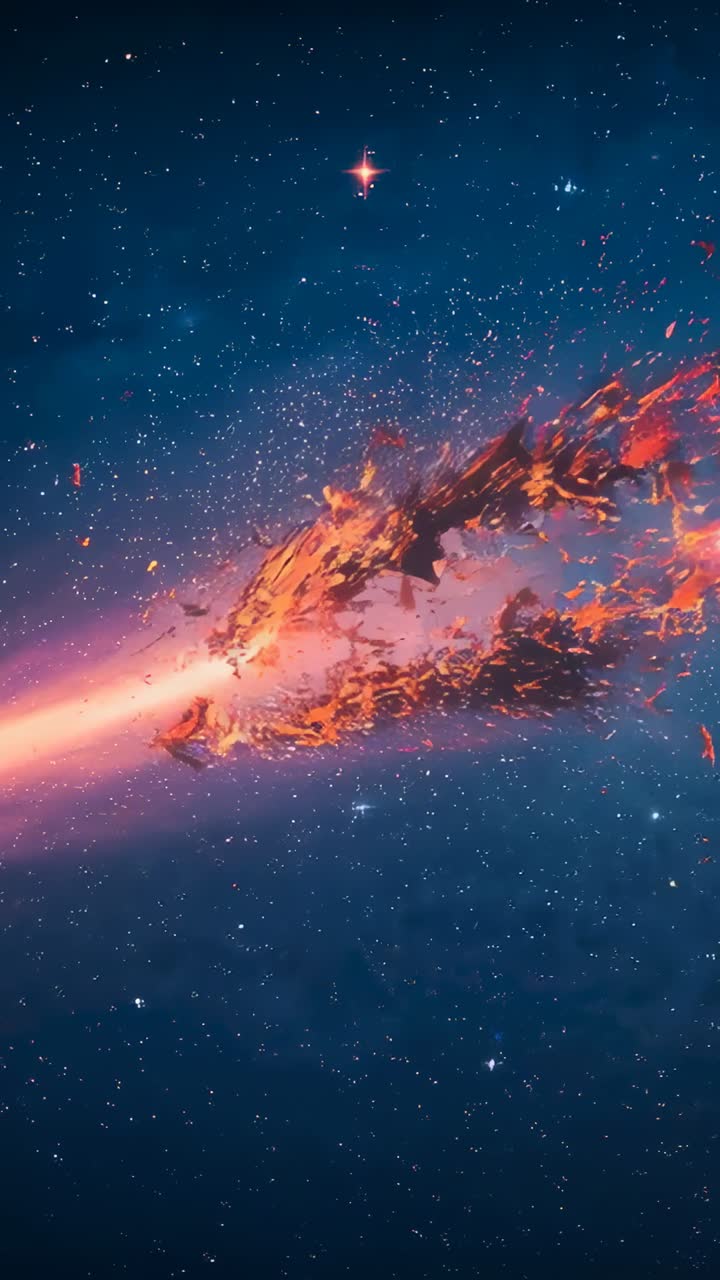 Vertikal video: Fiery core fragmentering går ind i frame på tværs af stjernefeltet og efterlader et pink-orange spor