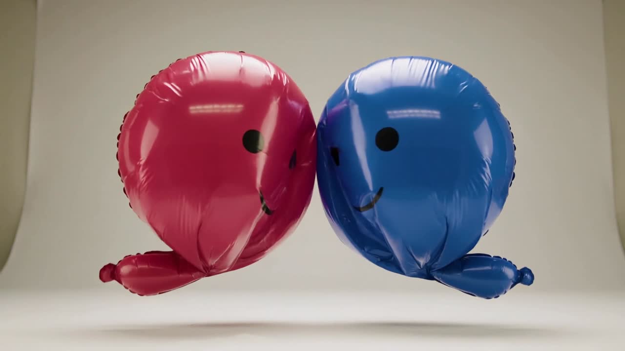 Due palloncini metallizzati che fluttuano con una leggera brezza, toccandosi al centro, premendo e rivelando la valvola per un annuncio pubblicitario.