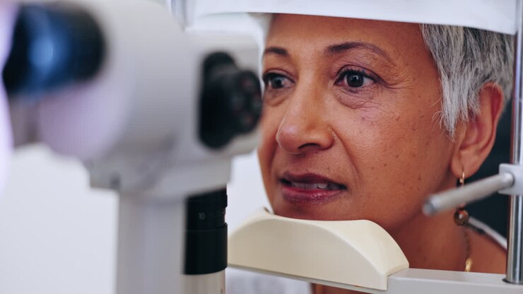 Optometry, eyesight and eye test for senior woman
