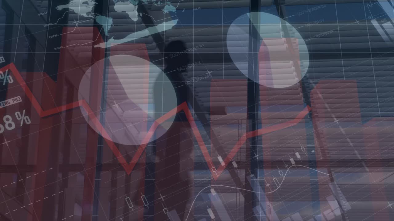 사무실 공간과 걸어다니는 사업가에 대한 그래프와 금융 데이터의 애니메이션