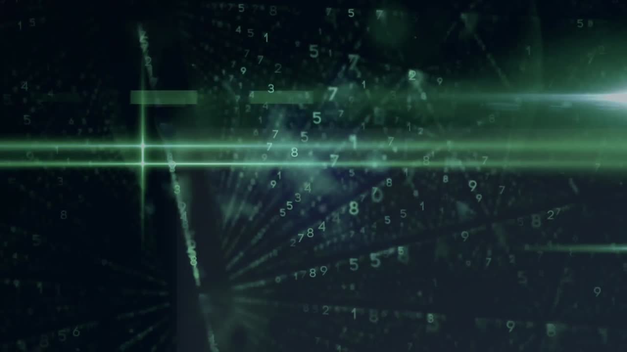 Animation of binary coding data processing and green light trails against black background