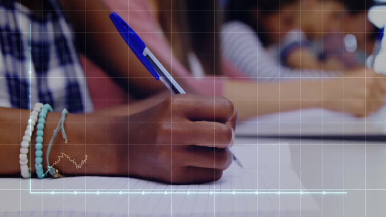 En students hånd begynder at skrive på papir ved et skrivebord, mens gitter og linjegrafer varierer i en uddannelsesmæssig kontekst.