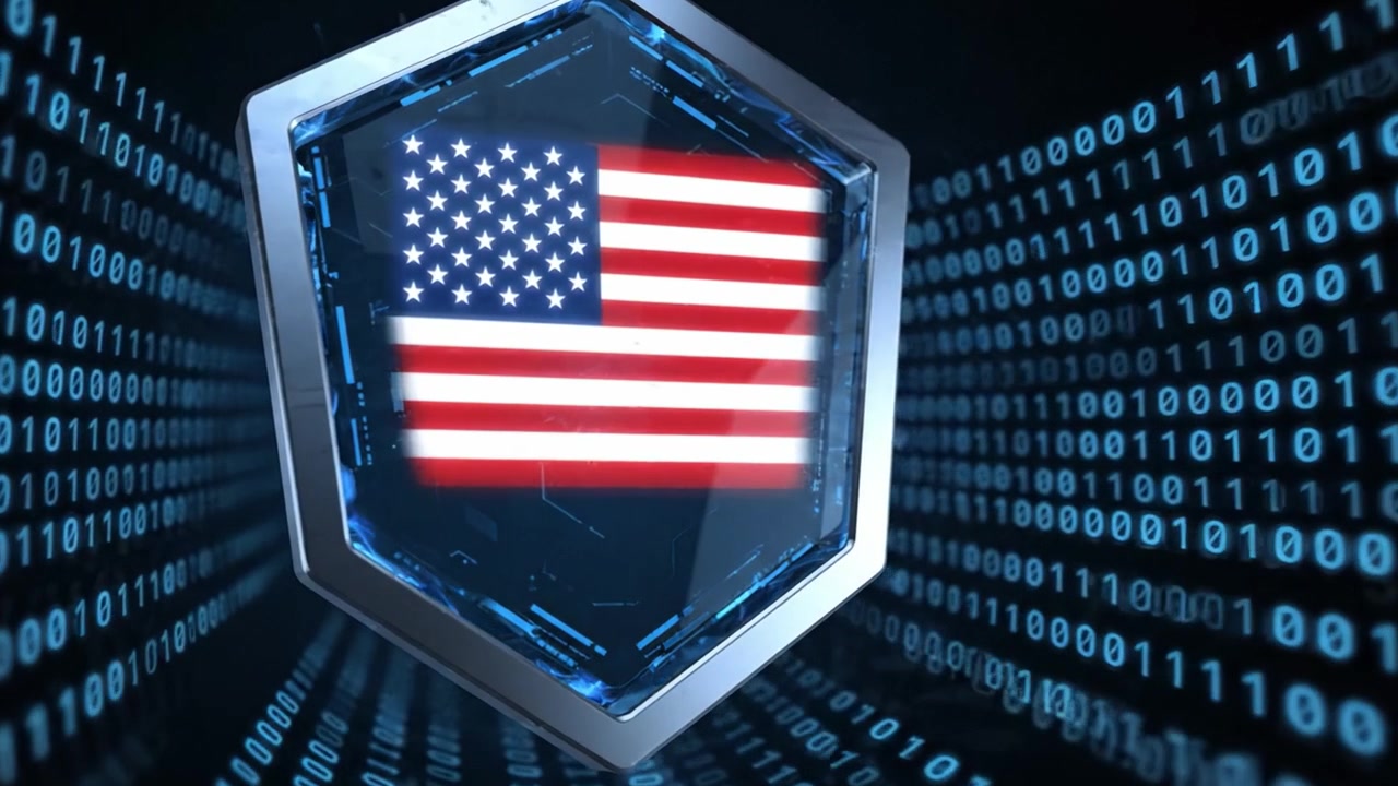 A Digital Representation of the American Flag Within a Futuristic Hexagonal Frame Surrounded by Binary Code and High-Tech Elements