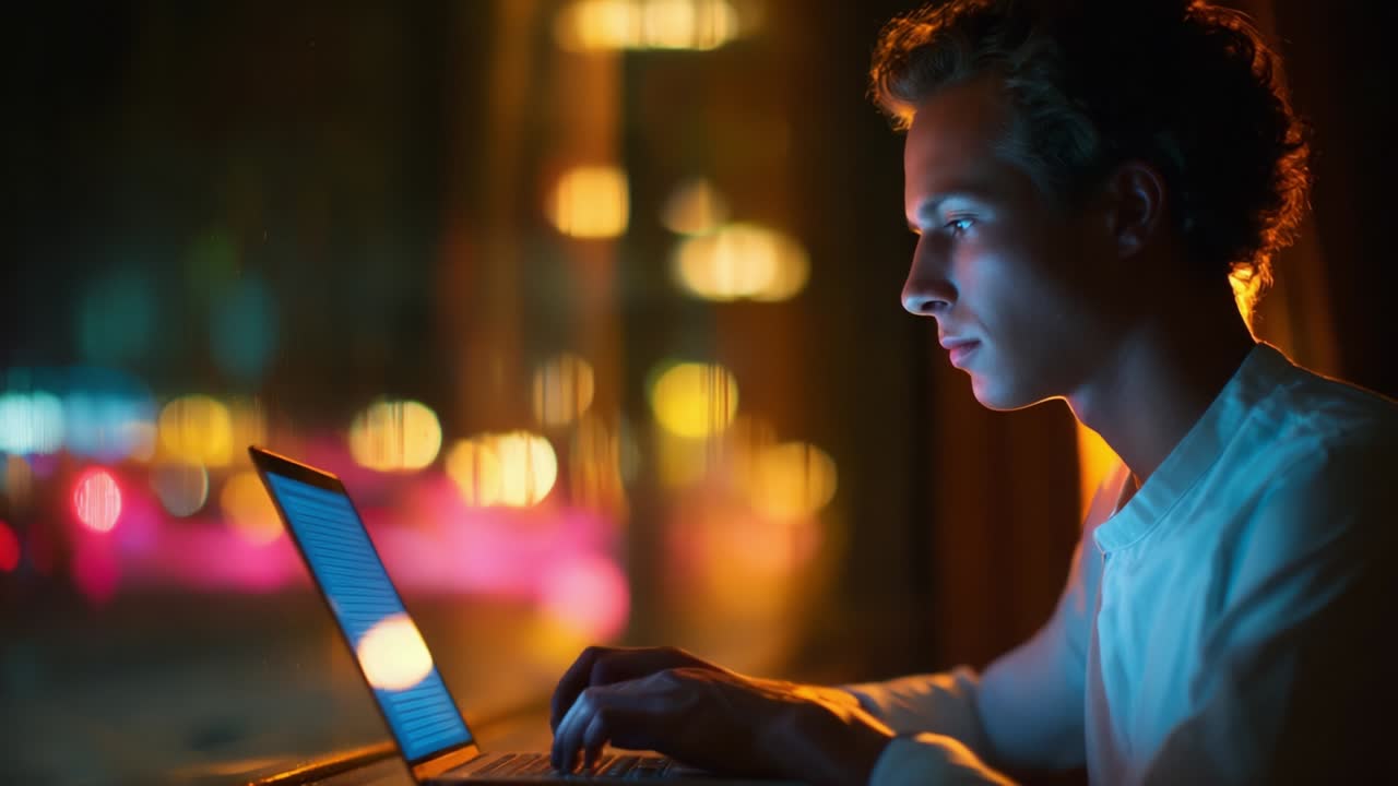 A focused individual illuminated by soft city lights works diligently on a laptop, embodying determination and concentration amidst an evening urban backdrop filled with vibrant bokeh effects and reflections