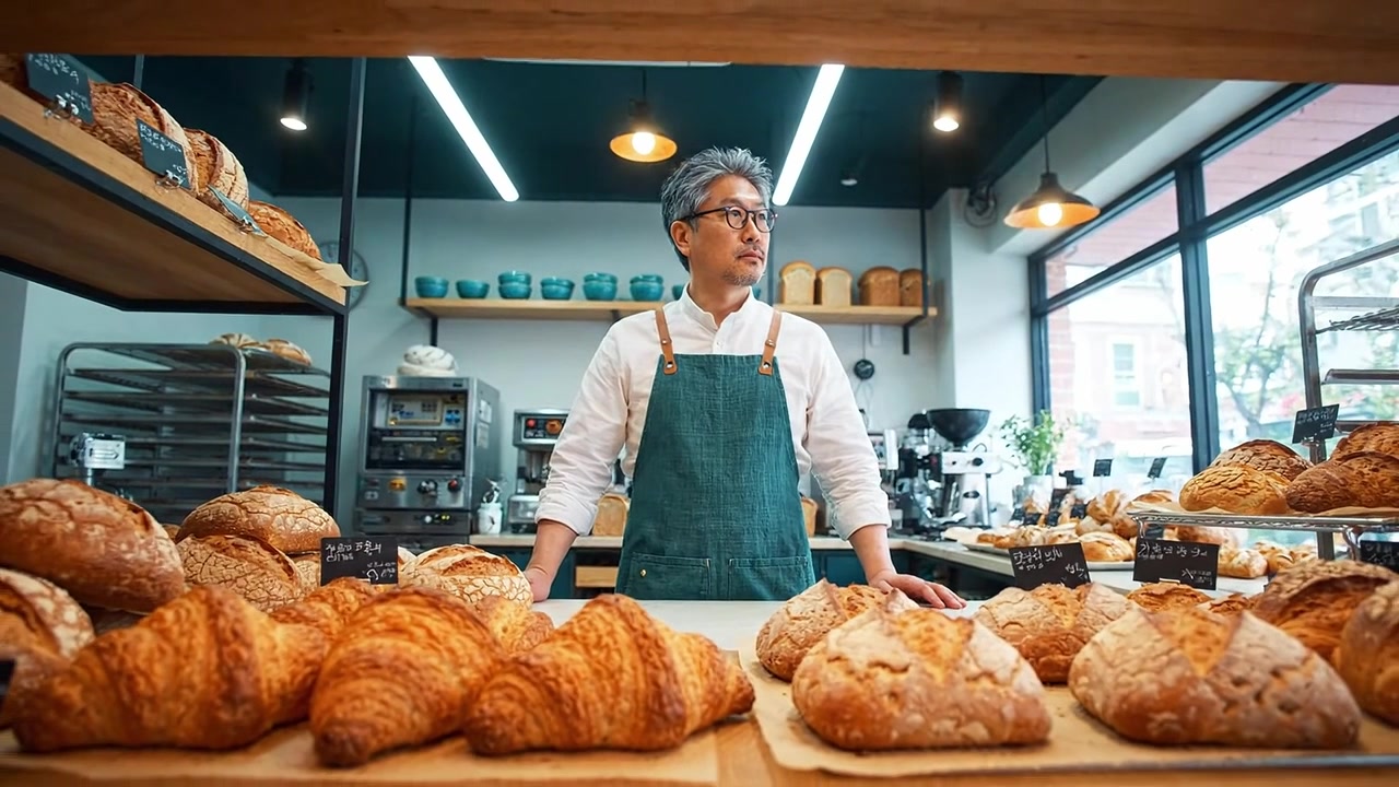 Käsityöläisleipuri esittelee vastaleivottuja croissanteja ja leipiä viihtyisässä leipomossa, osoittaen kulinaarisia taitoja ja intohimoa leivontaan.