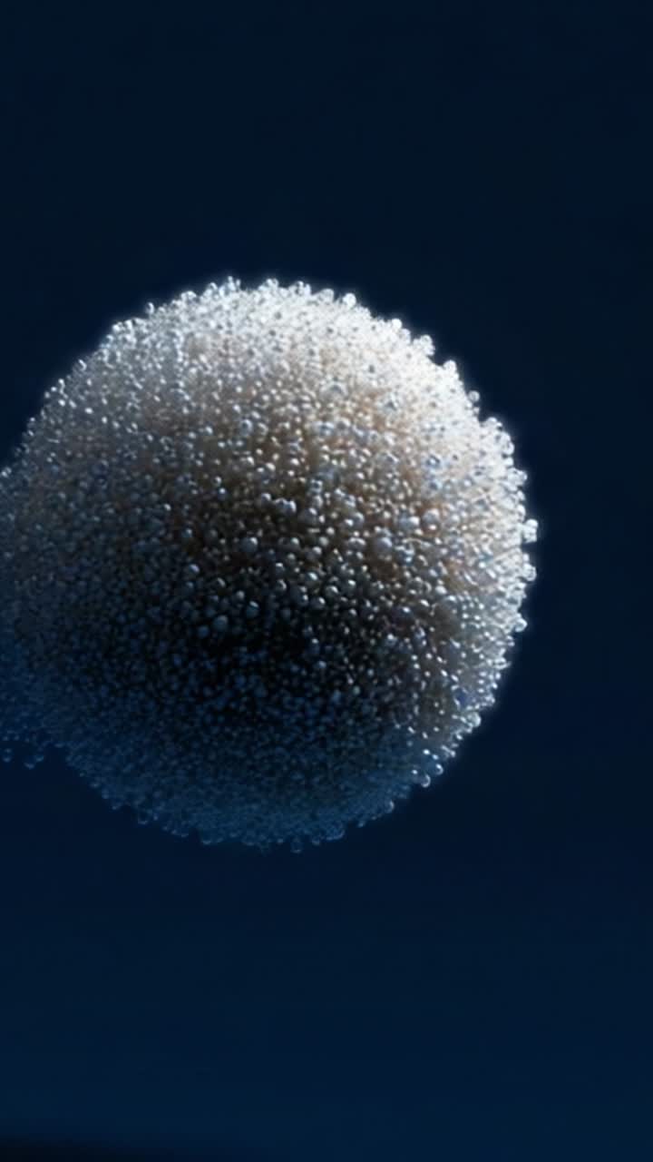 Una splendida vista macro di una struttura cellulare con bolle catturate in movimento su uno sfondo scuro, che esplora le complessità dei mattoni della vita.