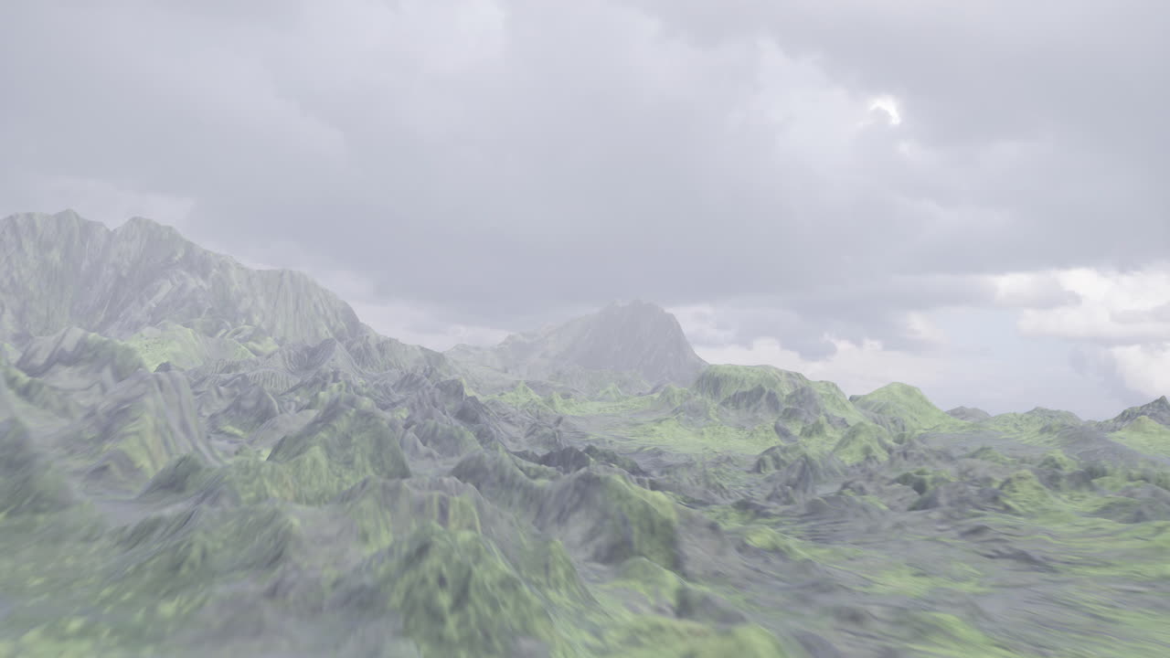 구름이 가득한 산악 지형 위의 외계인 ufo