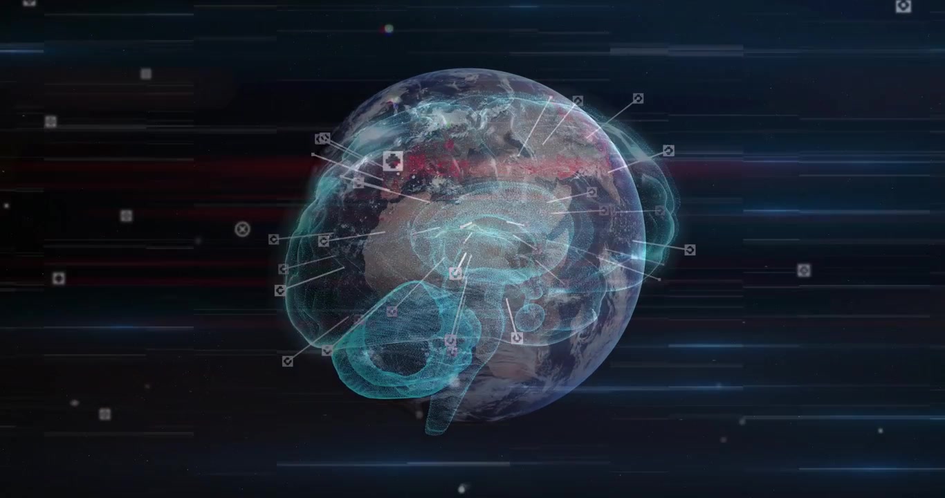 Espacio de apertura, un cerebro-globo apareciendo, girando y conectando nodos de interfaz de usuario con destellos.