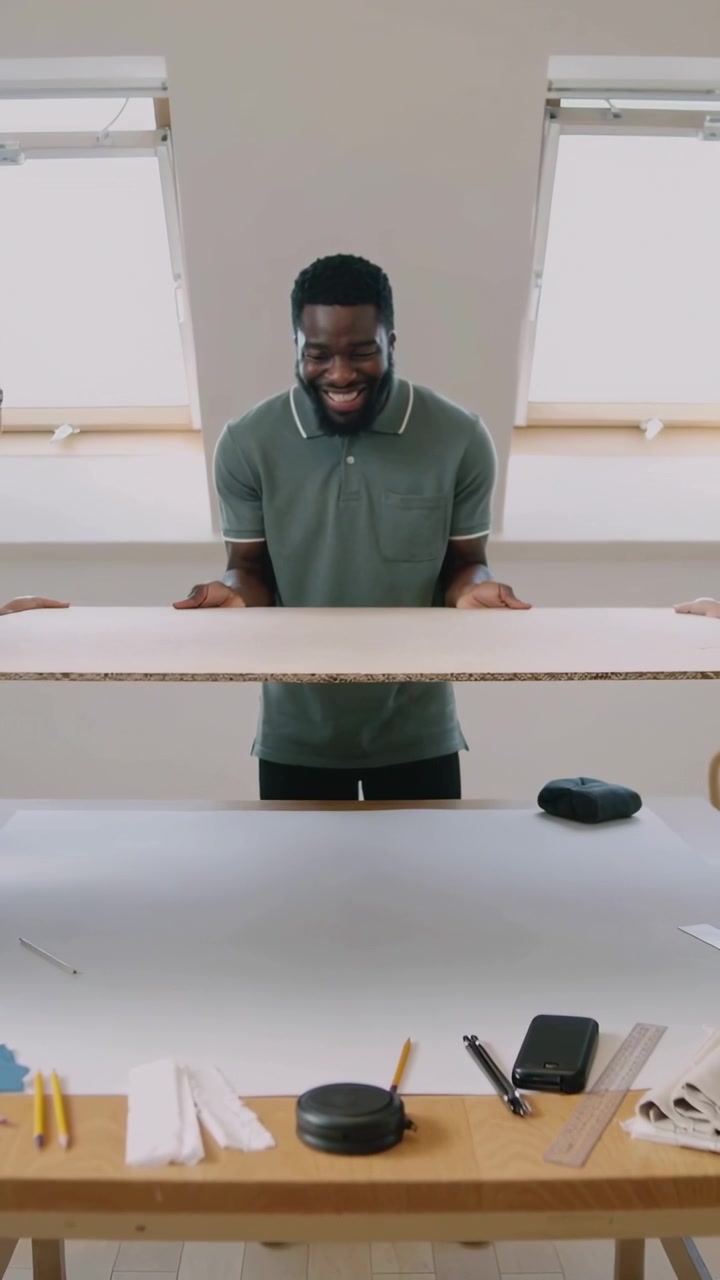 Vertical video: Lifting man in green polo in attic studio team holding board aligning for measuring