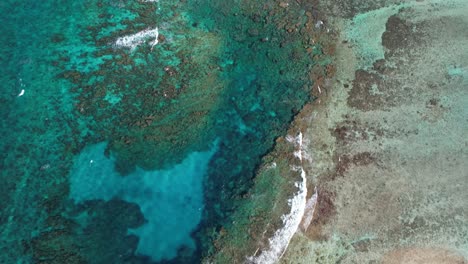 un arrecife de coral con aguas claras y olas que se rompen, inclinándose hacia la costa escarpada, vista aérea