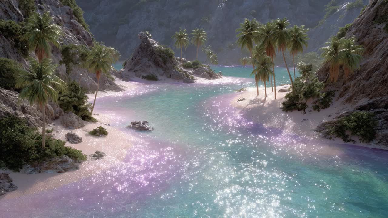 A Serene Tropical Paradise: Tranquil Waters Lapping Against Soft Sandy Shores Surrounded by Lush Palm Trees in an Enchanting Landscape