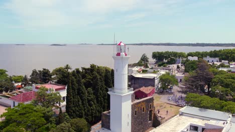 Colonia-de-Sacramento-Lighthouse-Tower,-Uruguay---Aerial-Orbit