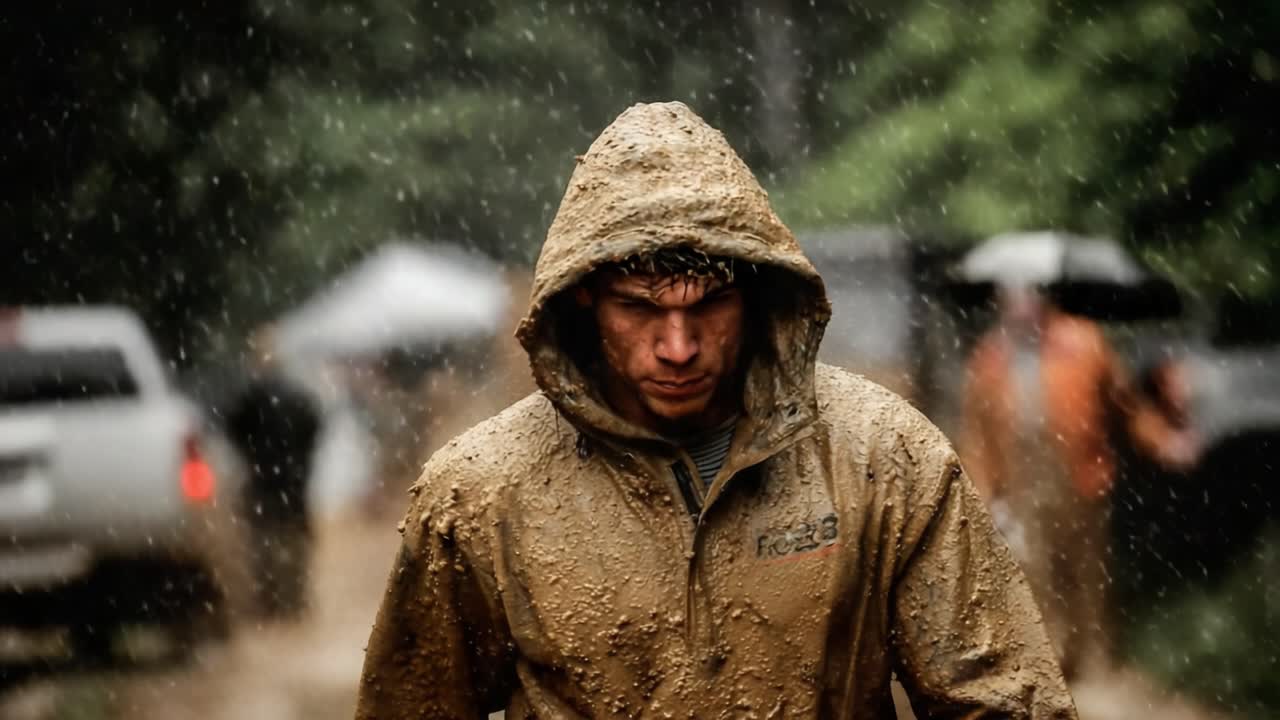 A Determined Individual Braving the Elements: A Series of Frames Capturing a Resilient Person Amidst Rain and Mud, Showcasing the Struggle Against Nature's Fury