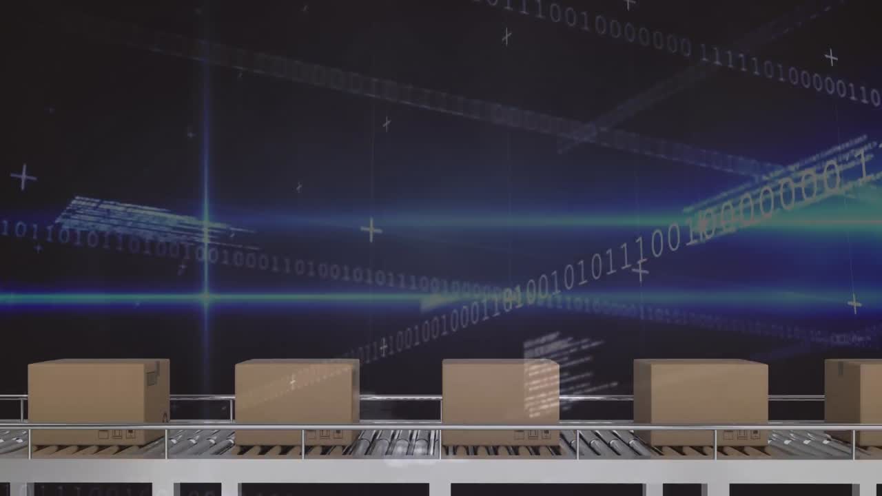 animación del procesamiento de datos sobre cajas en cinta transportadora