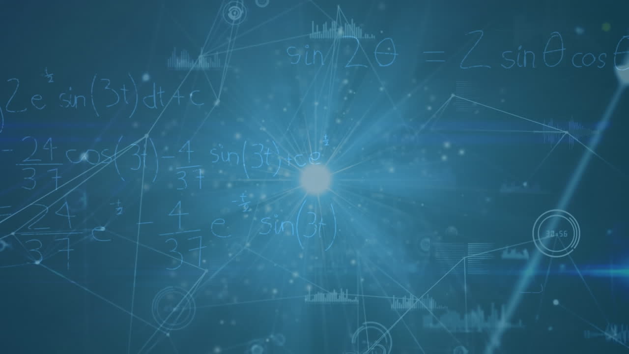 Animation of network of connections and mathematical equations on black background