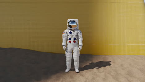 astronaut standing on sandy ground in front of a yellow tiled wall