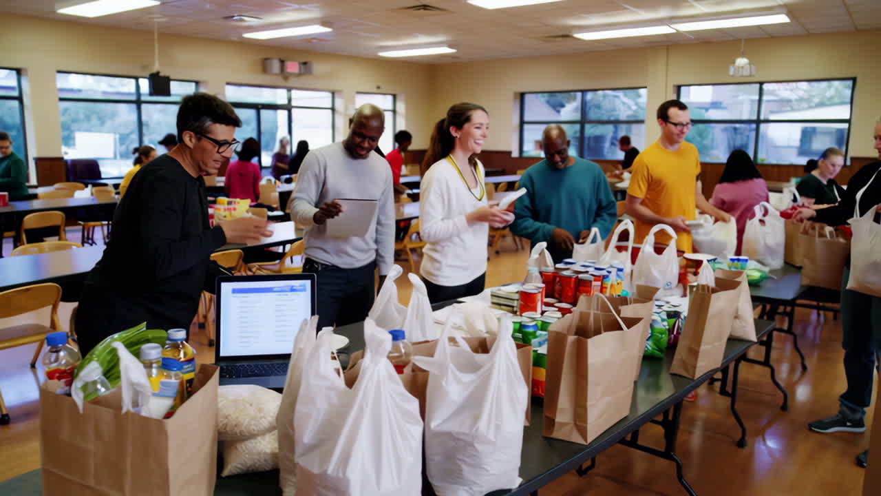 Volunteers packing food donations for a community food drive