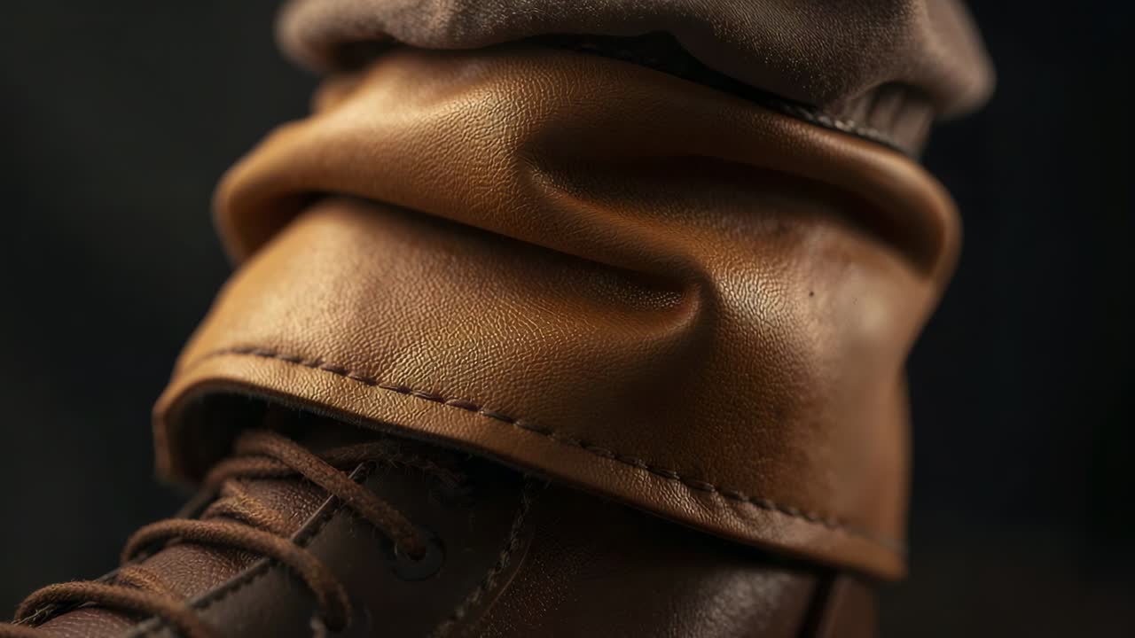 Zooming camera revealing brown leather boot cuff at studio, showing stitching, creases, laces