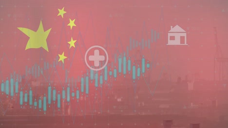 animation of flag of china and data processing over cityscape