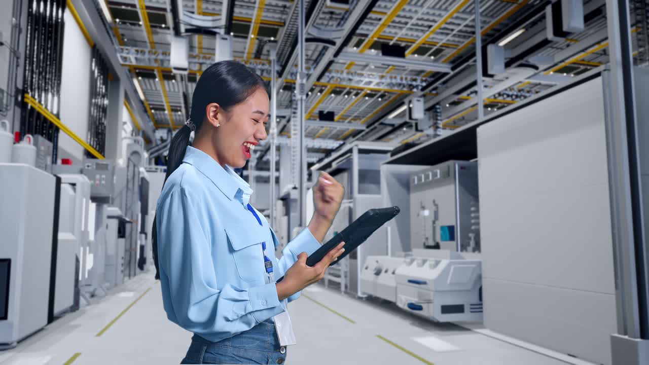 mujer feliz ingeniera en el centro de datos