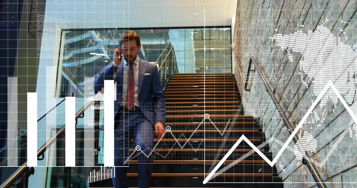 Gerente descendo escadas, rolando dados, tocando no smartphone e iniciando uma chamada com gráficos em movimento.