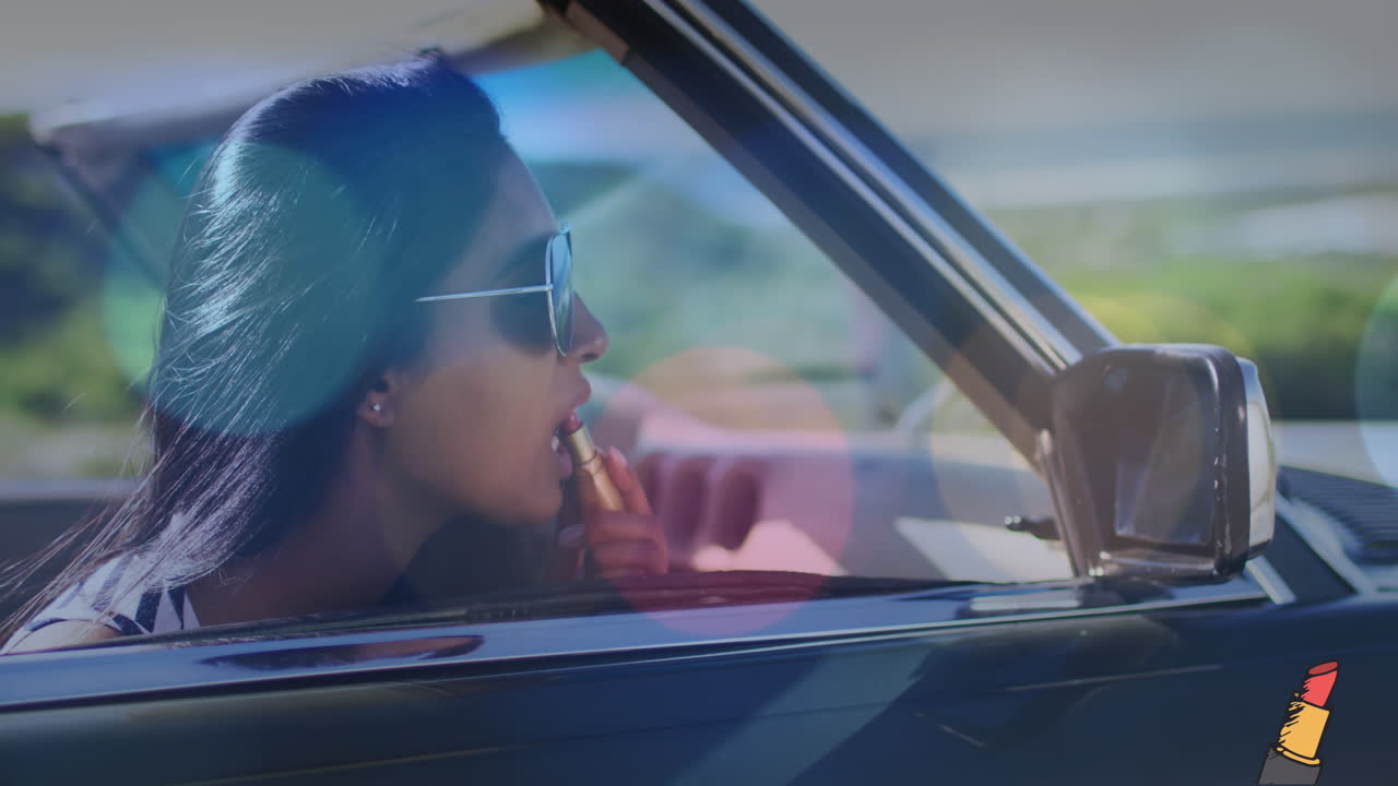 카브리올레에서 안경을 쓴 두 인종의 여성의 애니메이션, 입술 메이크업